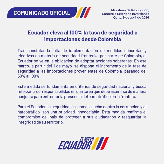 Comunicado oficial del Ministerio de Produccion de Ecuador