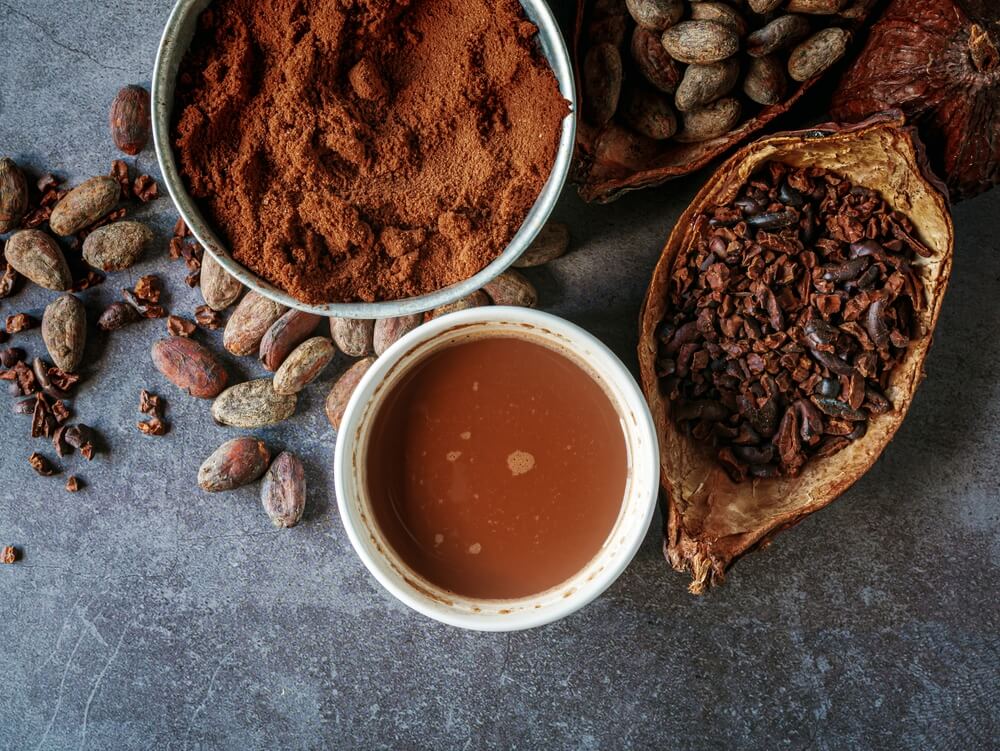 Vista superior de la bebida de cacao, cacao en polvo natural con granos de cacao marron y vaina de cacao sobre un fondo gris
