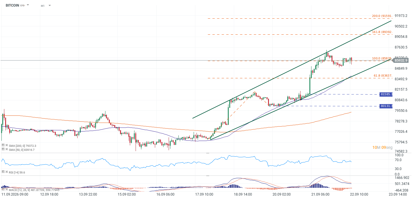Evolución reciente de Bitcoin en gráfico de una hora.