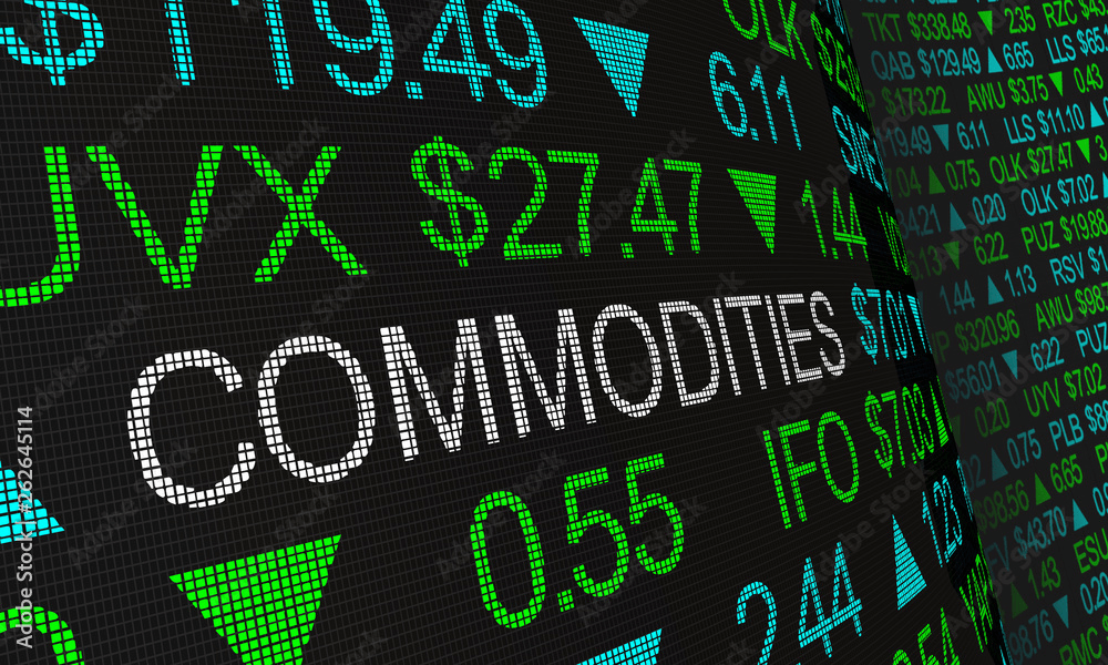 คำว่า 'Commodities' พร้อมตัวเลขบนแผงดิจิทัล