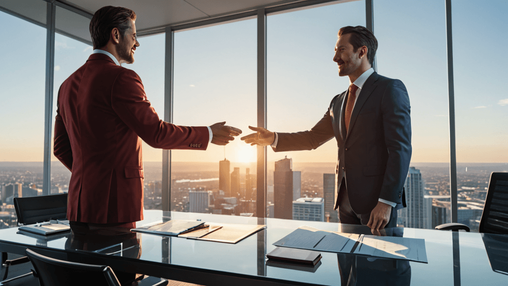 Ilustrasi broker dan investor berjabat tangan dalam pertemuan bisnis