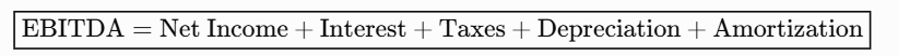 Imagem com fórmula EBITDA = NET INCOME + INTEREST + TAXES + DEPRECIATION + AMORTIZATION